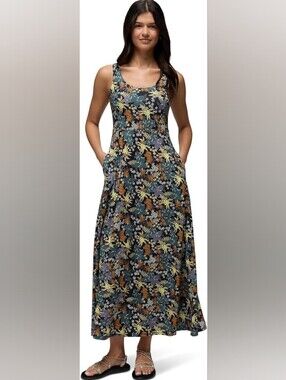 PrAna Corrinne Black Summer Nights Floral Print Built In Bra Maxi Dress Size M